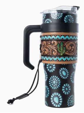 NWT Turquoise Floral Western Tooled Travel Mug with Handle and Lid